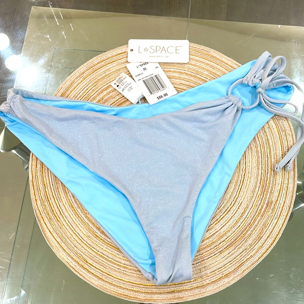 NWT L*Space dusty blue turquoise reversible metallic sheen side ruched hoop tie